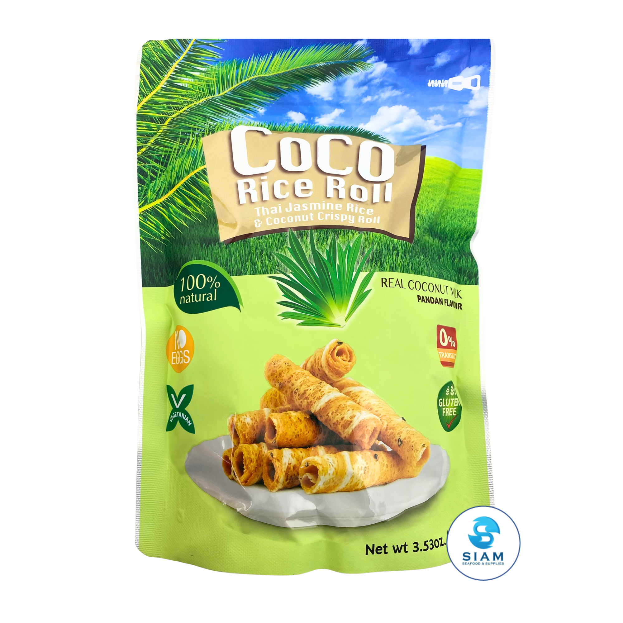 Coco Rice Roll Thai Jasmine Rice & Coconut Crispy Roll, Pandan Flavor (3.53 oz) āļāļāļāļĄāđāļ§āļāļāđāļēāļ§āļŦāļāļĄāļĄāļ°āļĨāļī āļĢāļŠāđāļāđāļāļĒ