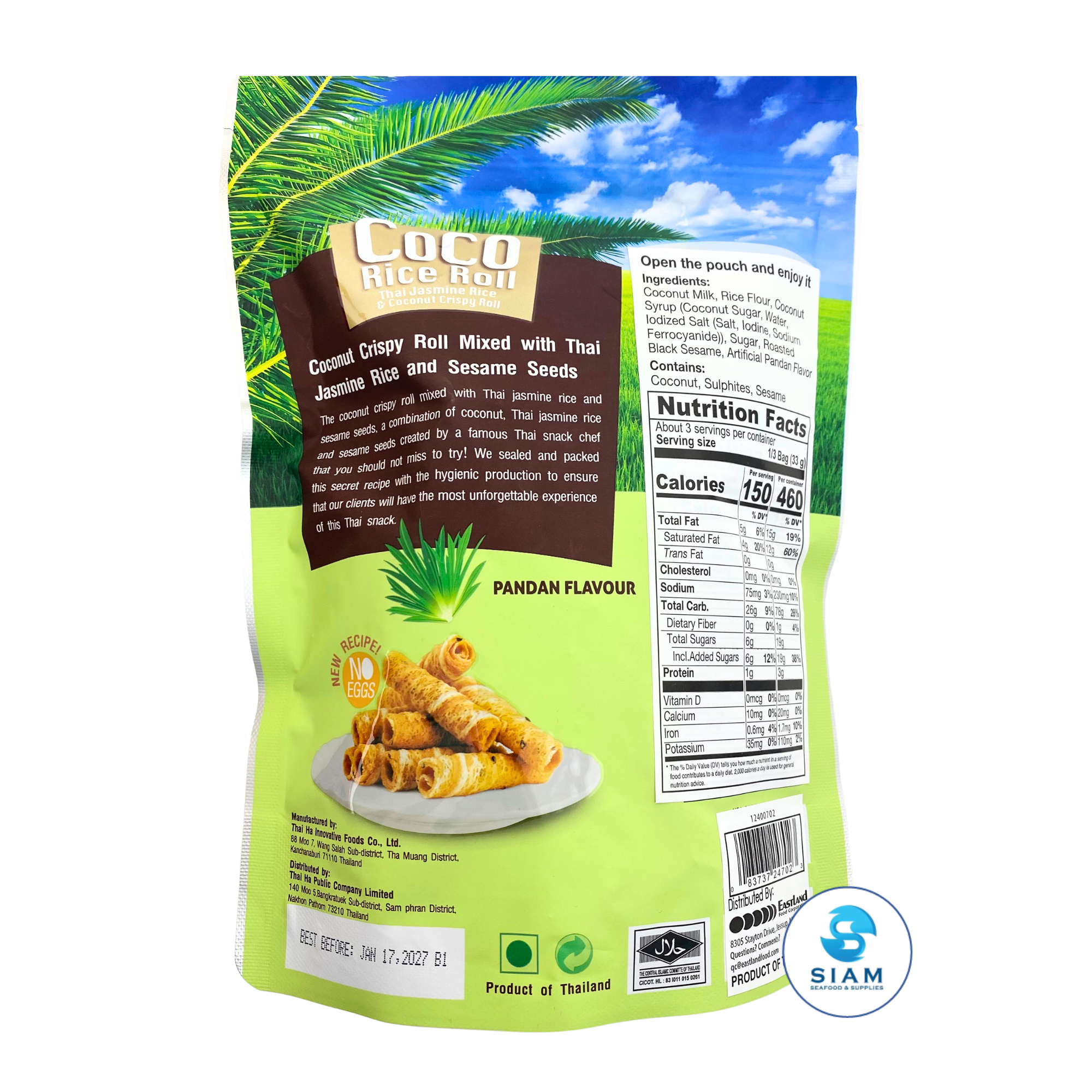 Coco Rice Roll Thai Jasmine Rice & Coconut Crispy Roll, Pandan Flavor (3.53 oz) āļāļāļāļĄāđāļ§āļāļāđāļēāļ§āļŦāļāļĄāļĄāļ°āļĨāļī āļĢāļŠāđāļāđāļāļĒ