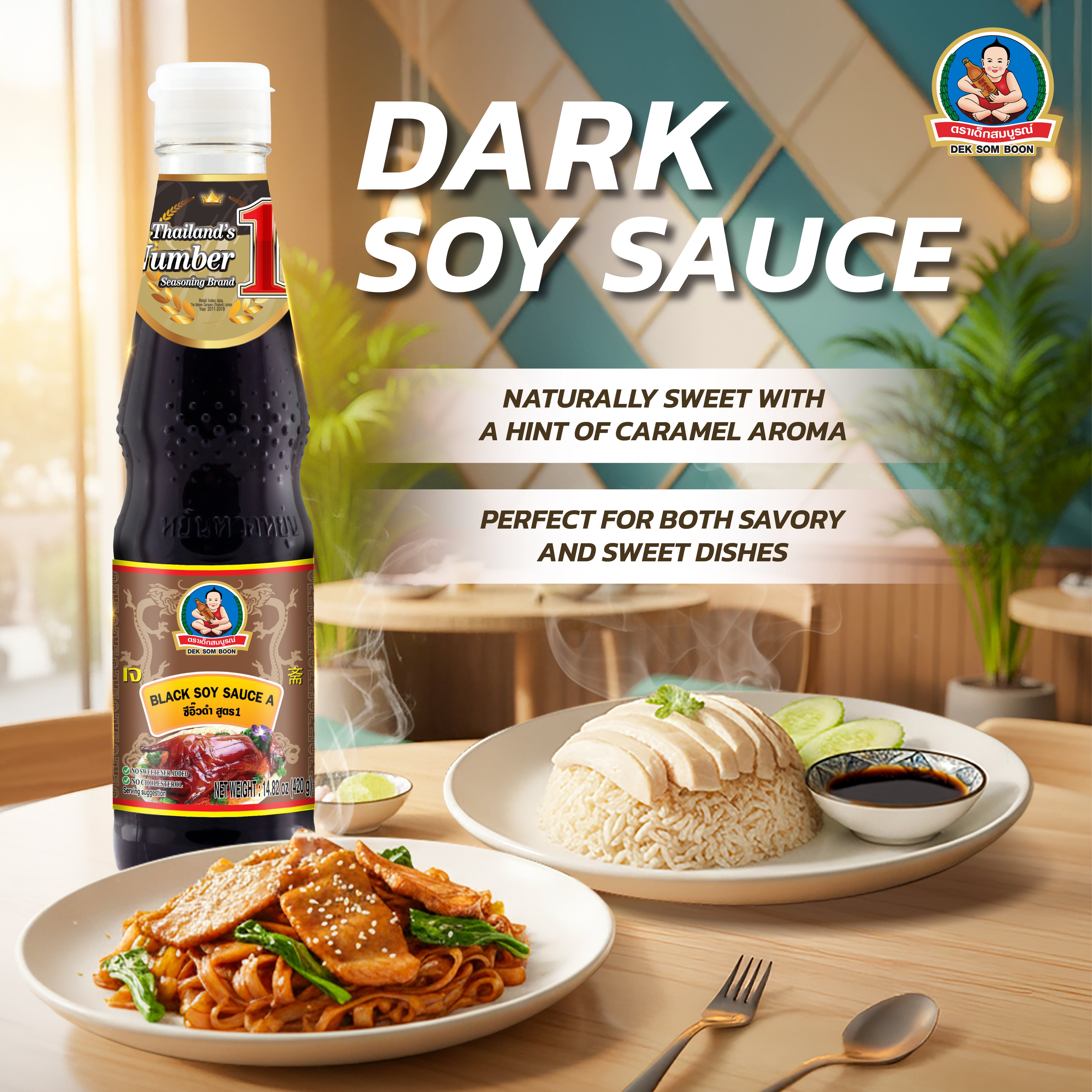 DEK SOM BOON Black Soy Sauce A 420g, Vegan (14.82 oz) āļāļĩāļāļīāđāļ§āļāļģāļŠāļđāļāļĢ 1 āļāļĢāļēāđāļāđāļāļŠāļĄāļāļđāļĢāļāđ