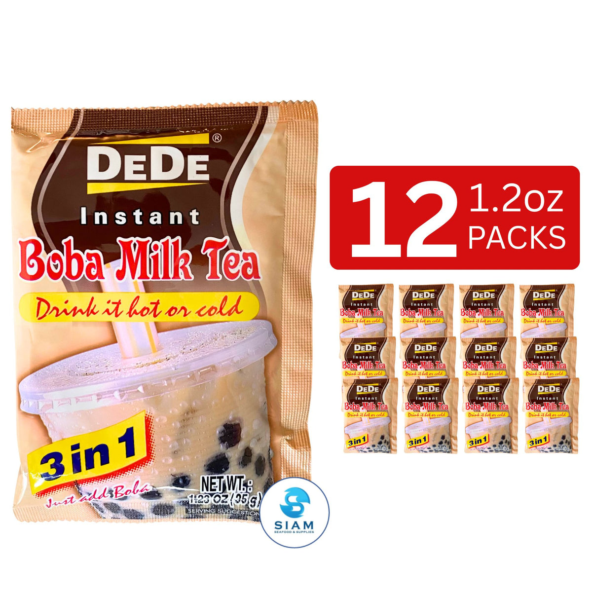 DeDe Instant Boba Milk Tea (12 packets-14.8 oz) ชานมไข่มุกพร้อมชง ตราดีดี