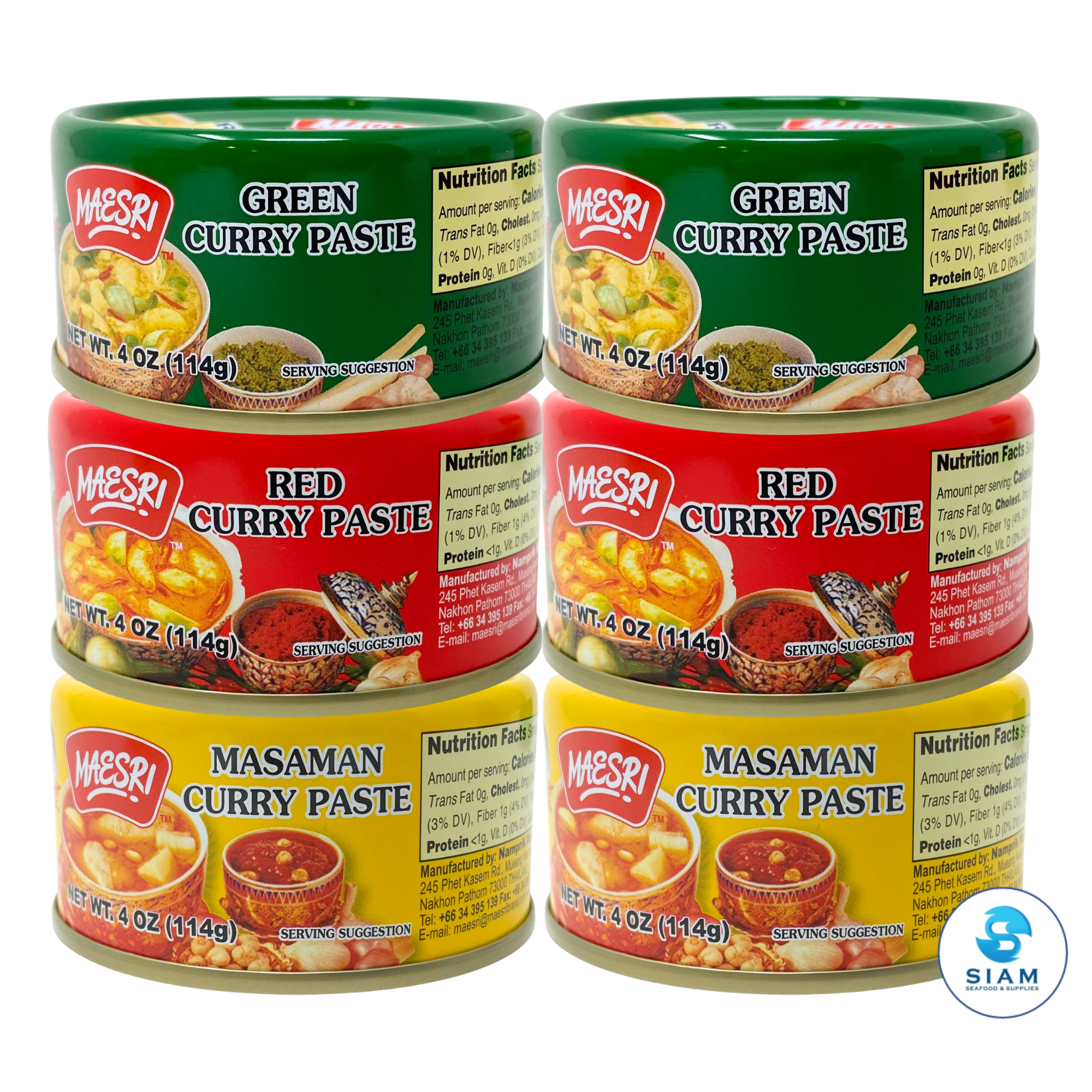 (6-Pack) MaeSri Classic Thai Restaurant Set C, 2 Green, 2 Red, 2 Massaman Curry Pastes (4 oz) น้ำพริกแกง แม่ศรี ชุดยอดนิยม C