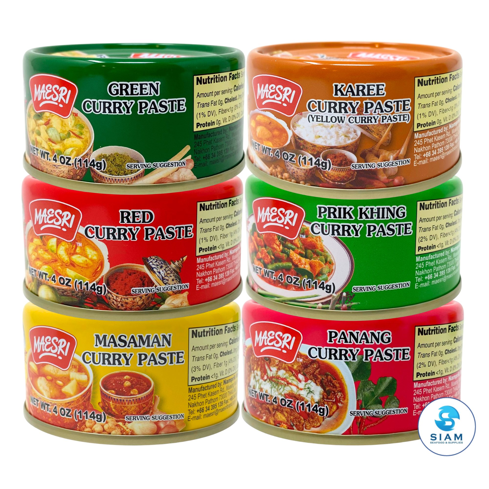 (6-Pack) MaeSri Deluxe Thai Combo Sampler Set, 100% Vegan, Green, Red, Panang, Masaman, Karee & Prik Khing Curry Pastes (4 oz) ชุดรวมน้ำพริกแกงแม่ศรีต้นตำรับ 6 รส