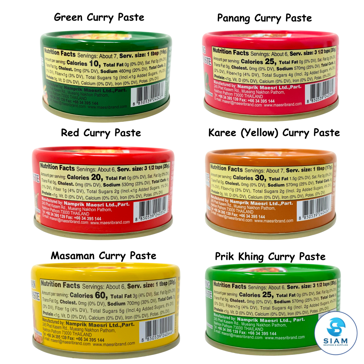 (6-Pack) MaeSri Deluxe Thai Combo Sampler Set, 100% Vegan, Green, Red, Panang, Masaman, Karee & Prik Khing Curry Pastes (4 oz) ชุดรวมน้ำพริกแกงแม่ศรีต้นตำรับ 6 รส