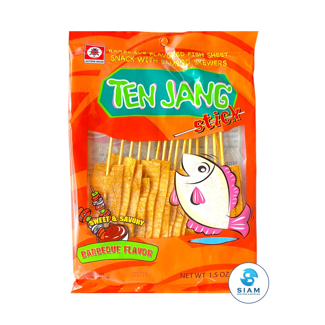 Ten Jang Fish Sheet Snack with Bamboo Skewers, Barbeque Flavor (1.5 oz) ปลาแผ่นอบทรงเครื่องเสียบไม้ รสบาร์บีคิว เท็นจัง
