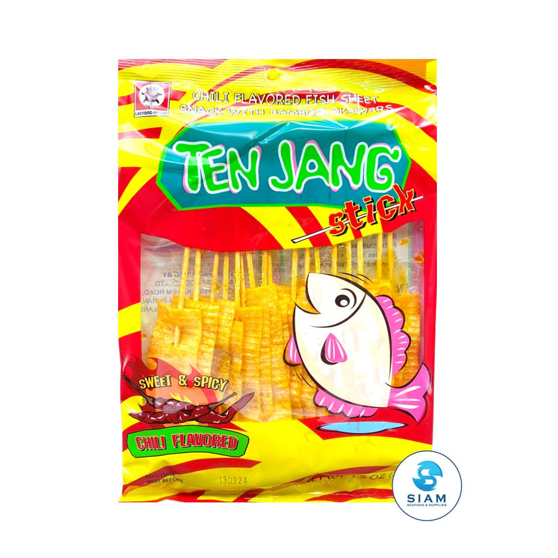 Ten Jang Fish Sheet Snack with Bamboo Skewers, Chili Flavor (1.5 oz) ปลาแผ่นอบทรงเครื่องเสียบไม้ รสเผ็ดแซบ เท็นจัง
