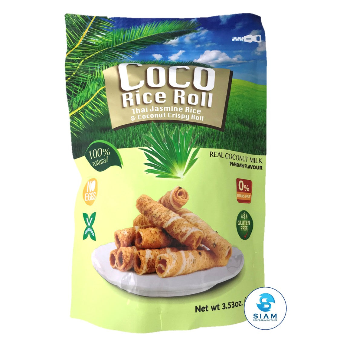 Thai Jasmine Rice & Coconut Crispy Roll, Pandan Flavor - Coco Rice Roll (3.53 oz) ทองม้วนข้าวหอมมะลิ รสใบเตย shippable Coco Rice Roll