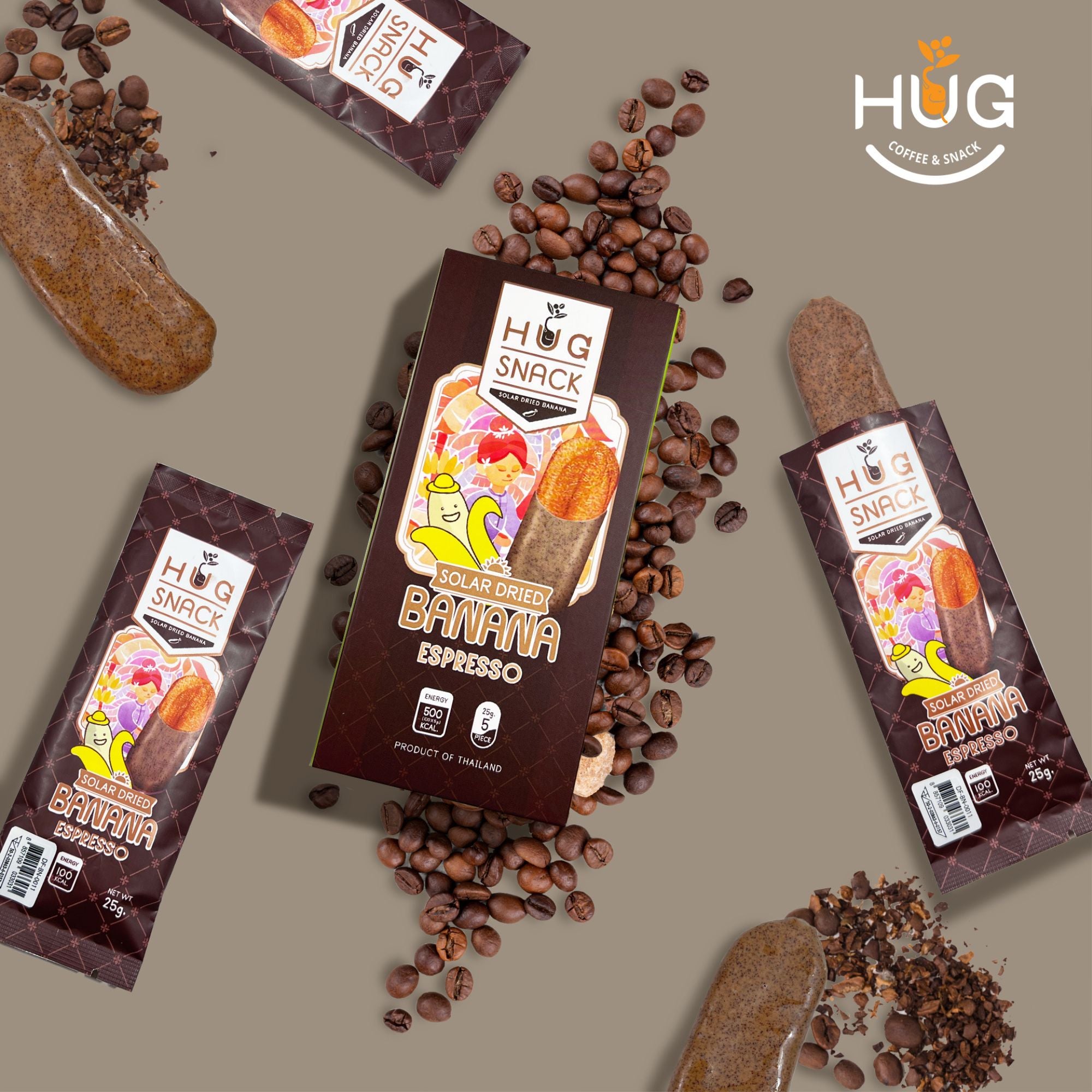 Hug Snack Solar Dried Banana Dipped Espresso (0.9 oz) กล้วยตากอบแห้งพลังงานแสงอาทิตย์ รสกาแฟเอสเปรสโซ่ ตราฮักสแน็ค