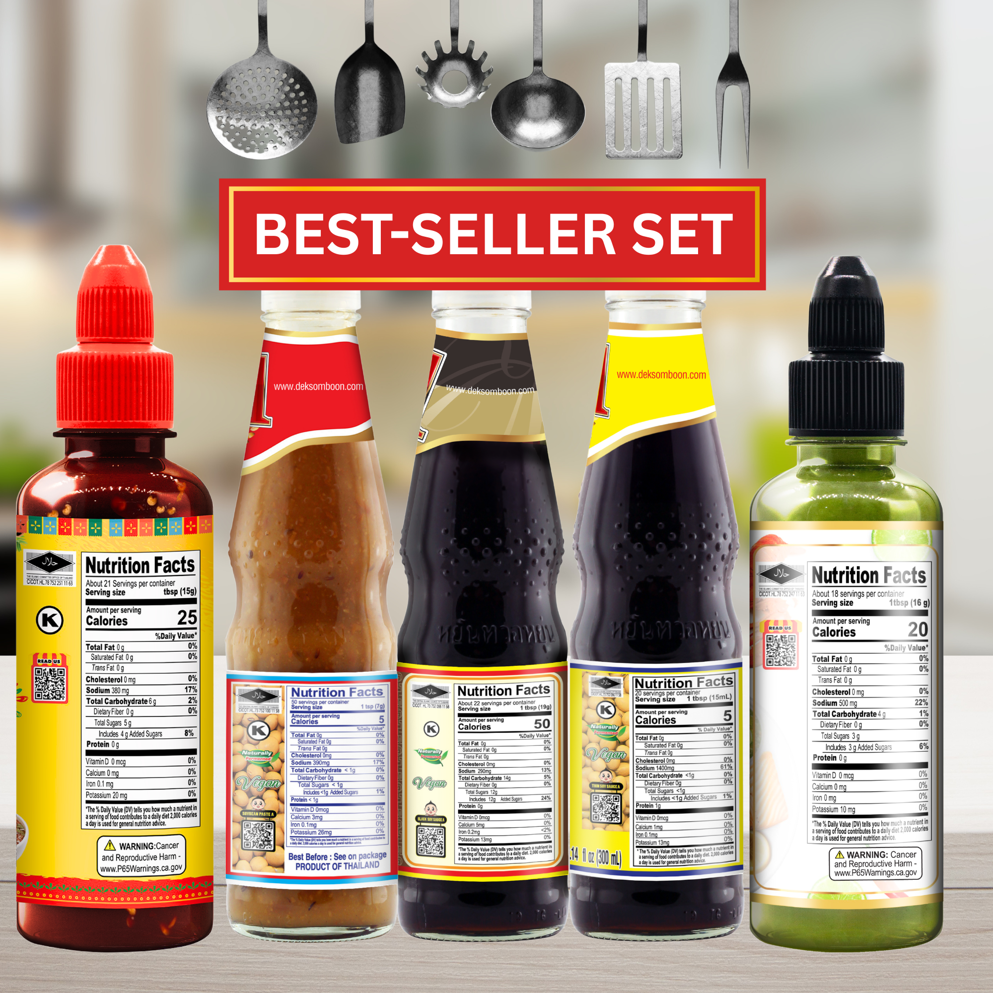 (5-Pack) DEK SOM BOON Best-Seller Thai Sauce Set - Authentic Thai Cooking & Dipping Sauces