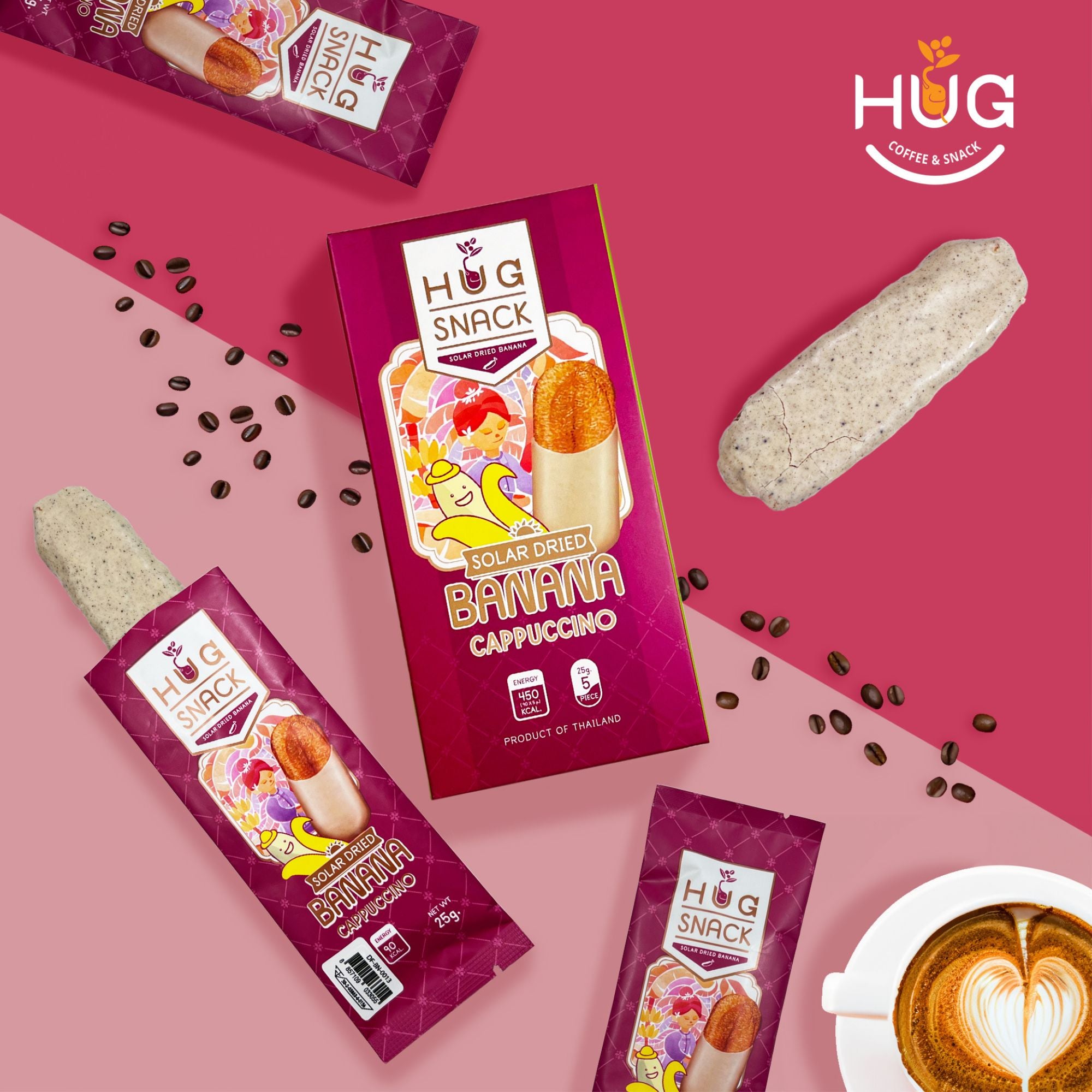 Hug Snack Solar Dried Banana Dipped Cappuccino (0.9 oz) กล้วยตากอบแห้งพลังงานแสงอาทิตย์ รสกาแฟคาปูชิโน่ ตราฮักสแน็ค