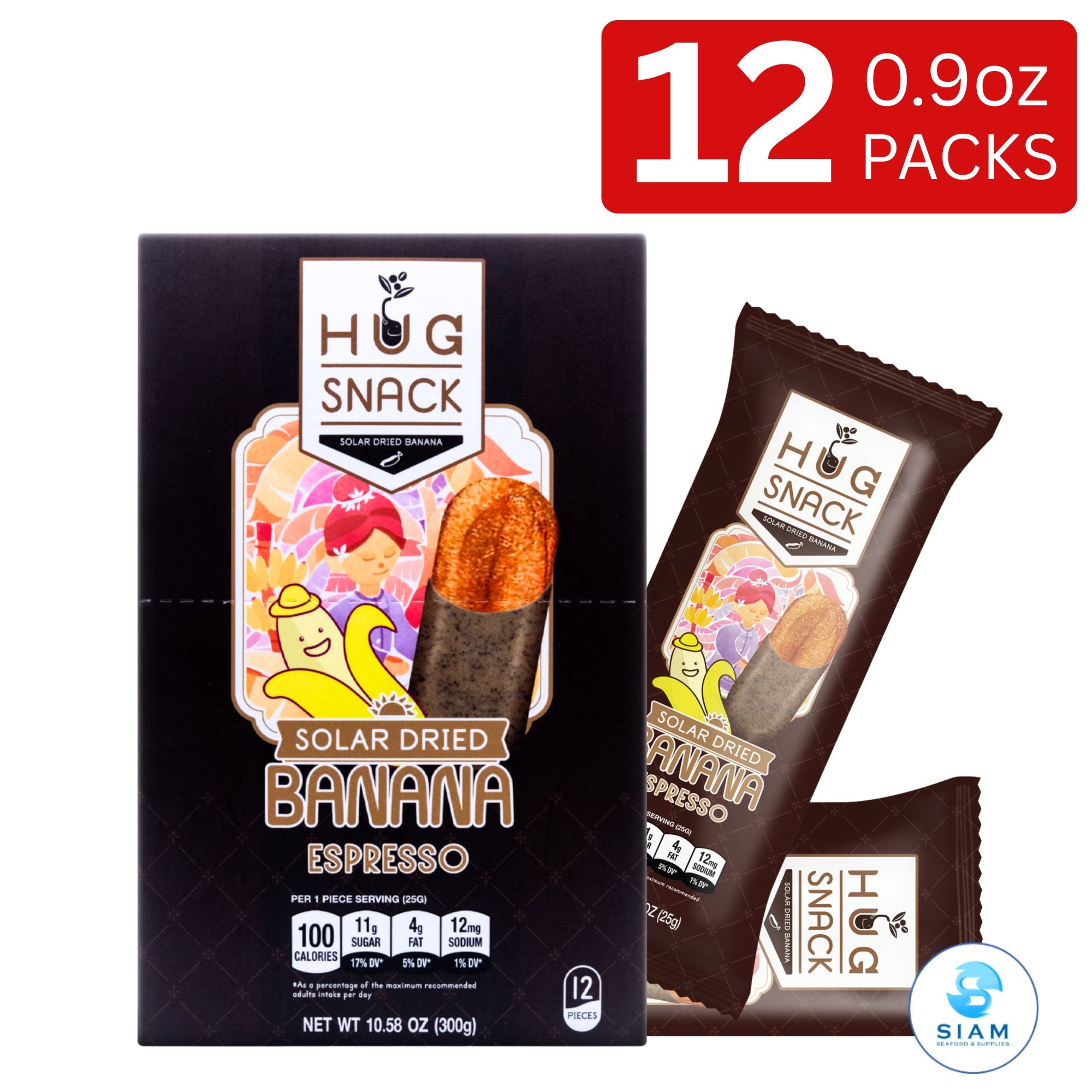 Hug Snack Solar Dried Banana Dipped Espresso (0.9 oz) กล้วยตากอบแห้งพลังงานแสงอาทิตย์ รสกาแฟเอสเปรสโซ่ ตราฮักสแน็ค