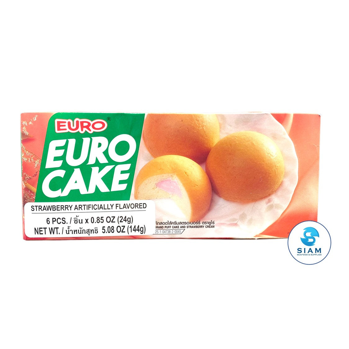 Euro Puff Cake and Strawberry Cream (6 packs-5.08 oz) ยูโร่ พัฟเค้กสอดไส้ครีมสตรอเบอร์รี่