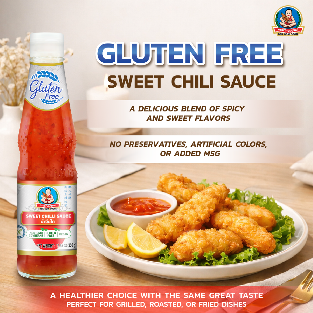 DEK SOM BOON Gluten Free Sweet Chilli Sauce 350g, Vegan (12.35 oz) น้ำจิ้มไก่ กลูเตนฟรี ตราเด็กสมบูรณ์