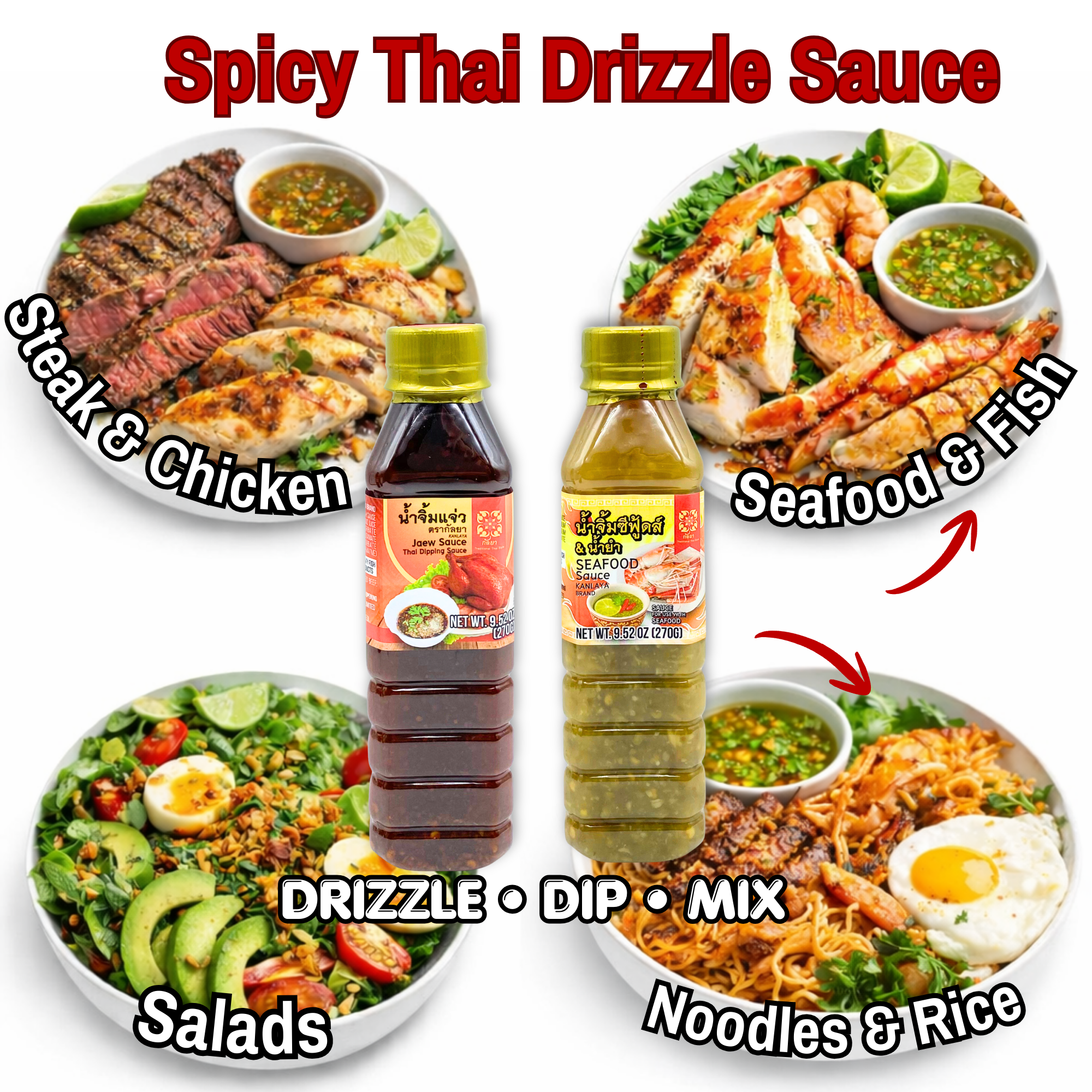 (2-Pack) Kanlaya Spicy Thai Drizzle Sauce - Jaew & Seafood Dipping Sauce (9.52 oz) น้ำจิ้มแจ่วและน้ำจิ้มซีฟู้ด ตรากัลยา