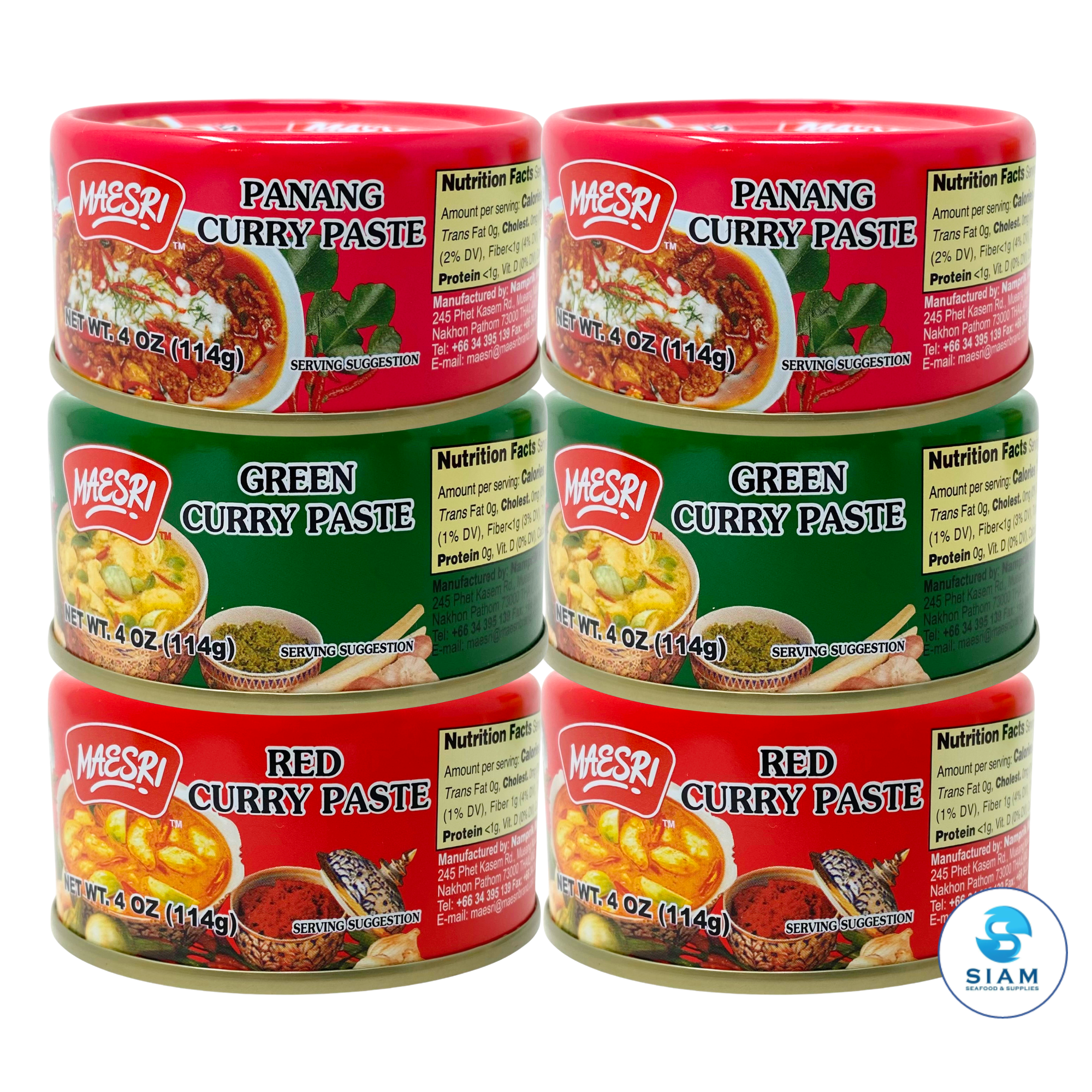 (6-Pack) MaeSri Classic Thai Restaurant Set A, 2 Red, 2 Green & 2 Panang Curry Pastes (4 oz) น้ำพริกแกง แม่ศรี ชุดยอดนิยม A