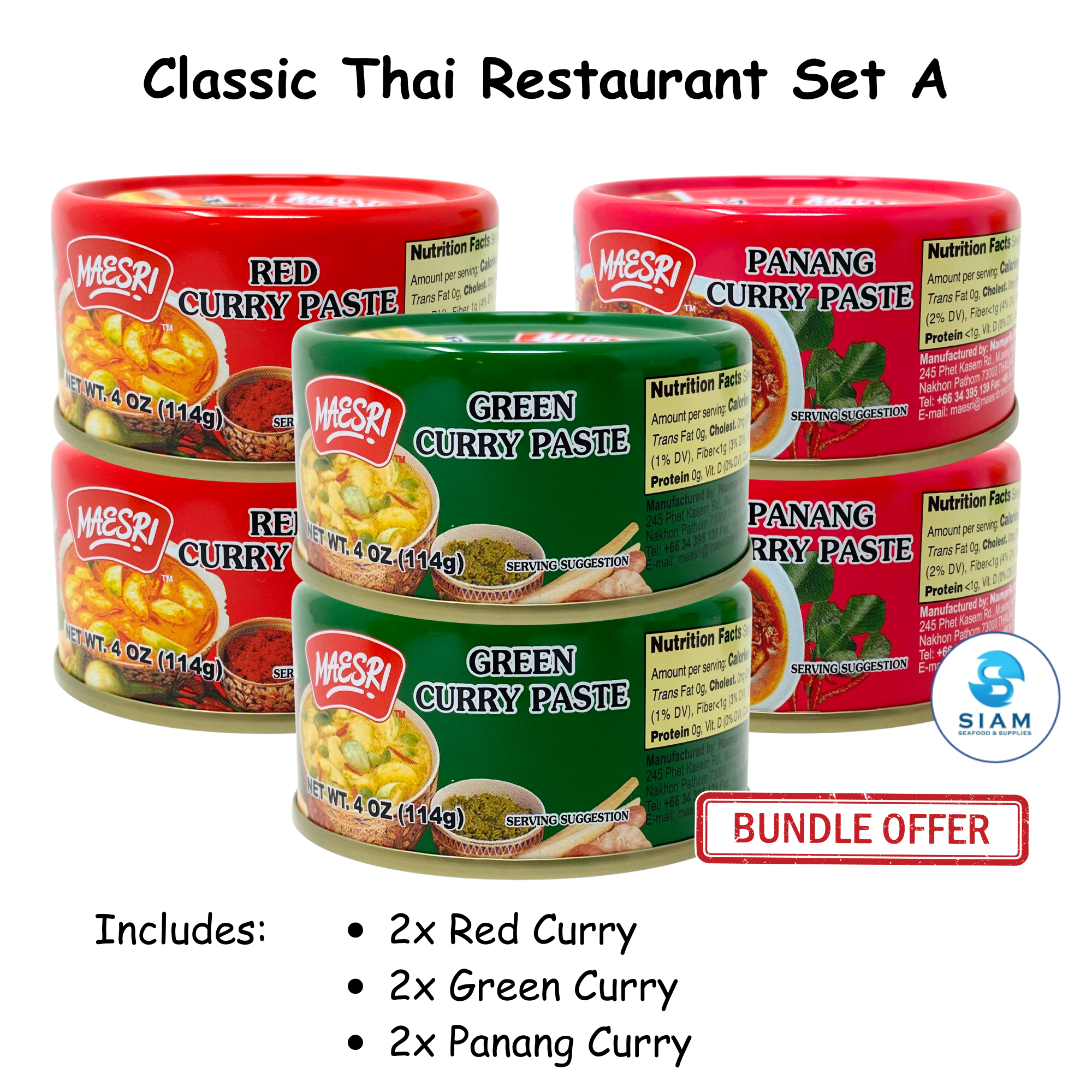 (6-Pack) MaeSri Classic Thai Restaurant Set A, 2 Red, 2 Green & 2 Panang Curry Pastes (4 oz) น้ำพริกแกง แม่ศรี ชุดยอดนิยม A