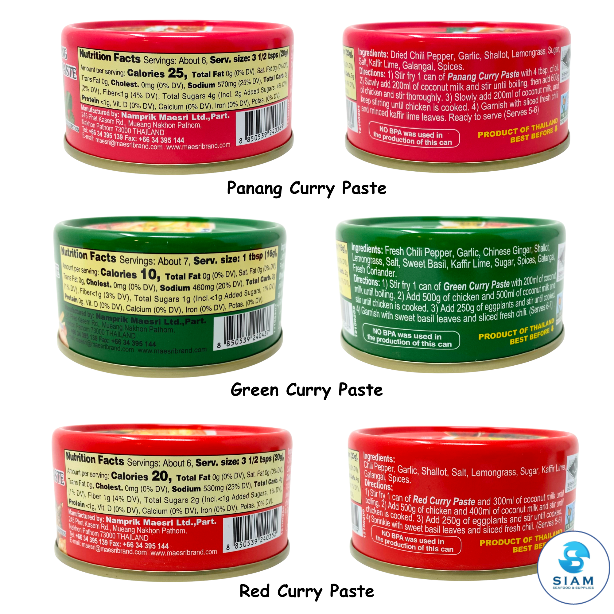 (6-Pack) MaeSri Classic Thai Restaurant Set A, 2 Red, 2 Green & 2 Panang Curry Pastes (4 oz) น้ำพริกแกง แม่ศรี ชุดยอดนิยม A