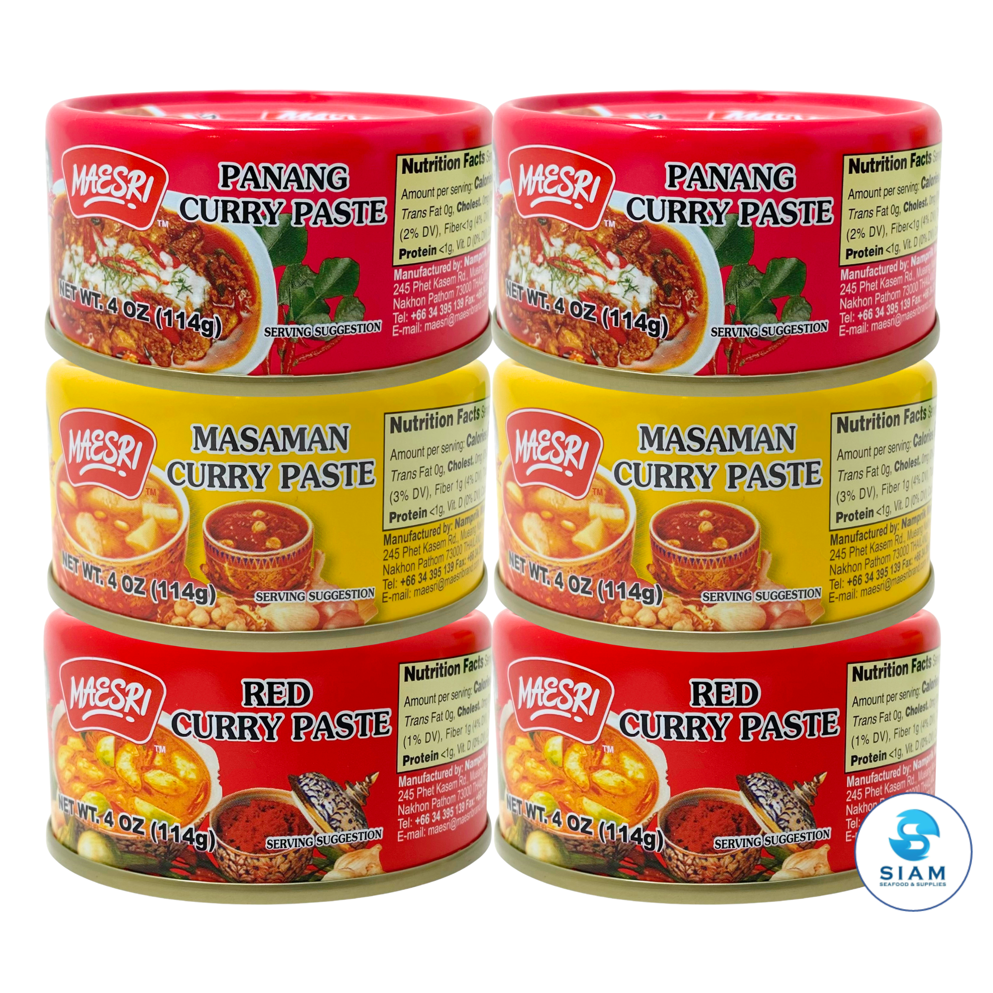 (6-Pack) MaeSri Classic Thai Restaurant Set B, 2 Red, 2 Massaman & 2 Panang Curry Pastes (4 oz) น้ำพริกแกง แม่ศรี ชุดยอดนิยม B