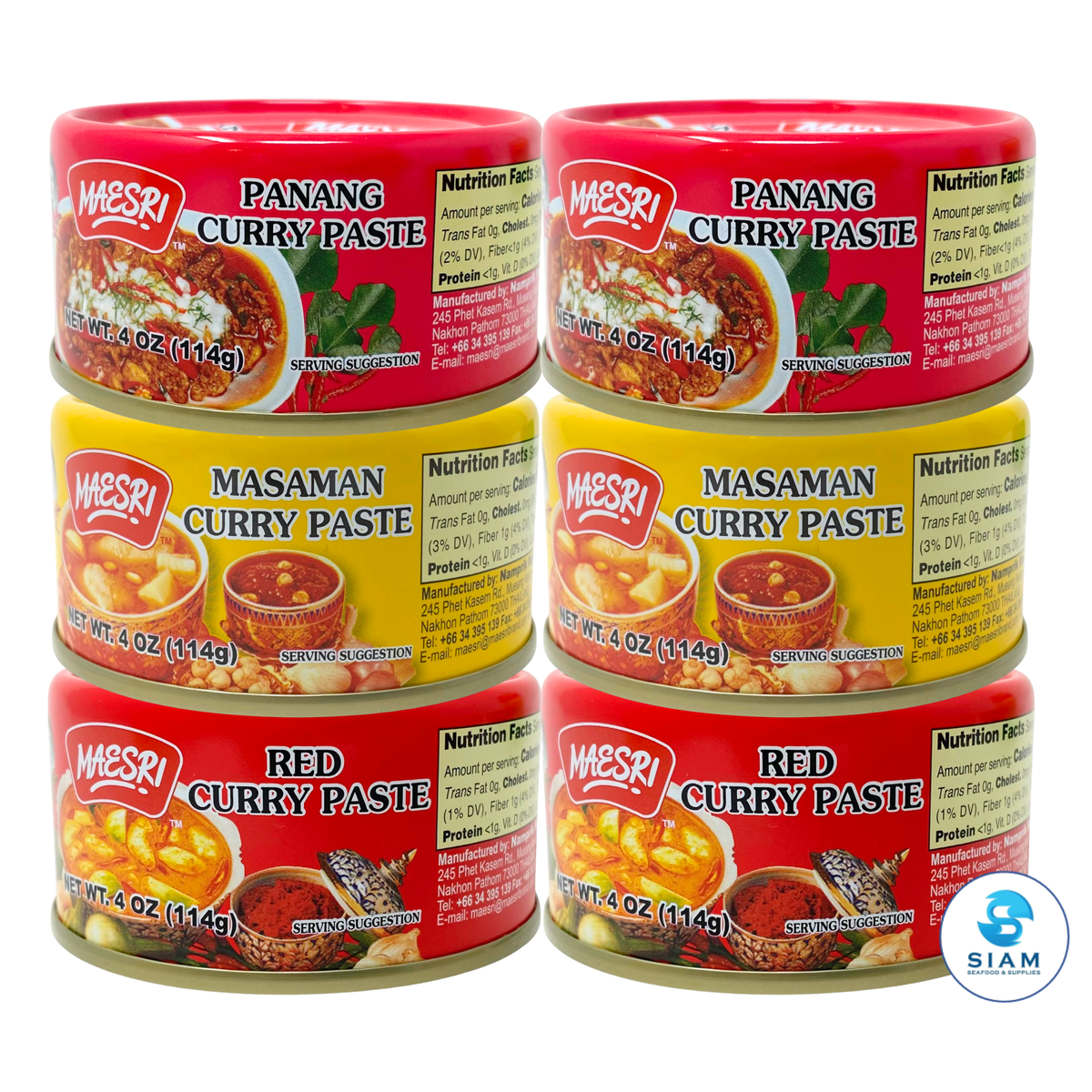 (6-Pack) MaeSri Classic Thai Restaurant Set B, 2 Red, 2 Massaman & 2 Panang Curry Pastes (4 oz) น้ำพริกแกง แม่ศรี ชุดยอดนิยม B