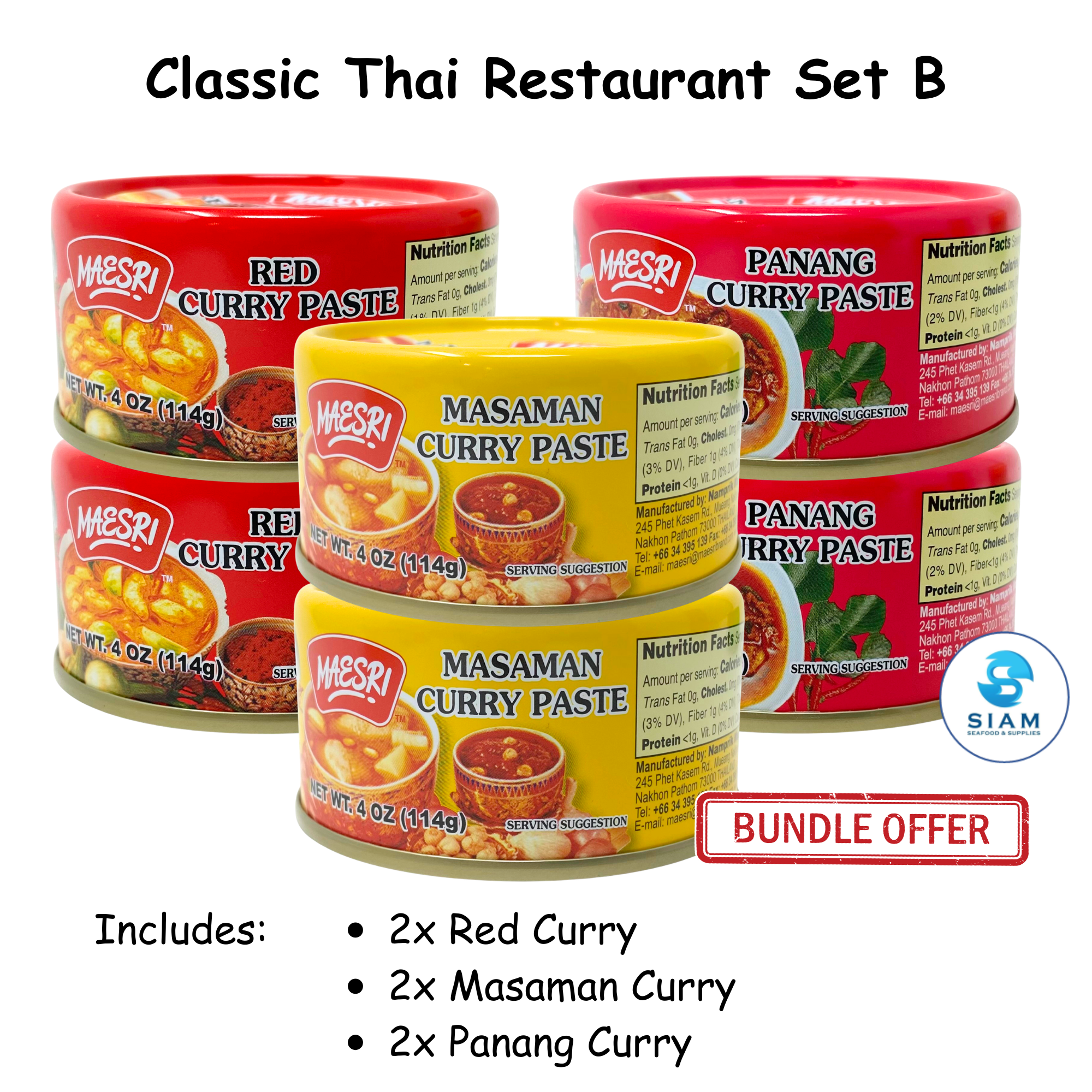 (6-Pack) MaeSri Classic Thai Restaurant Set B, 2 Red, 2 Massaman & 2 Panang Curry Pastes (4 oz) น้ำพริกแกง แม่ศรี ชุดยอดนิยม B