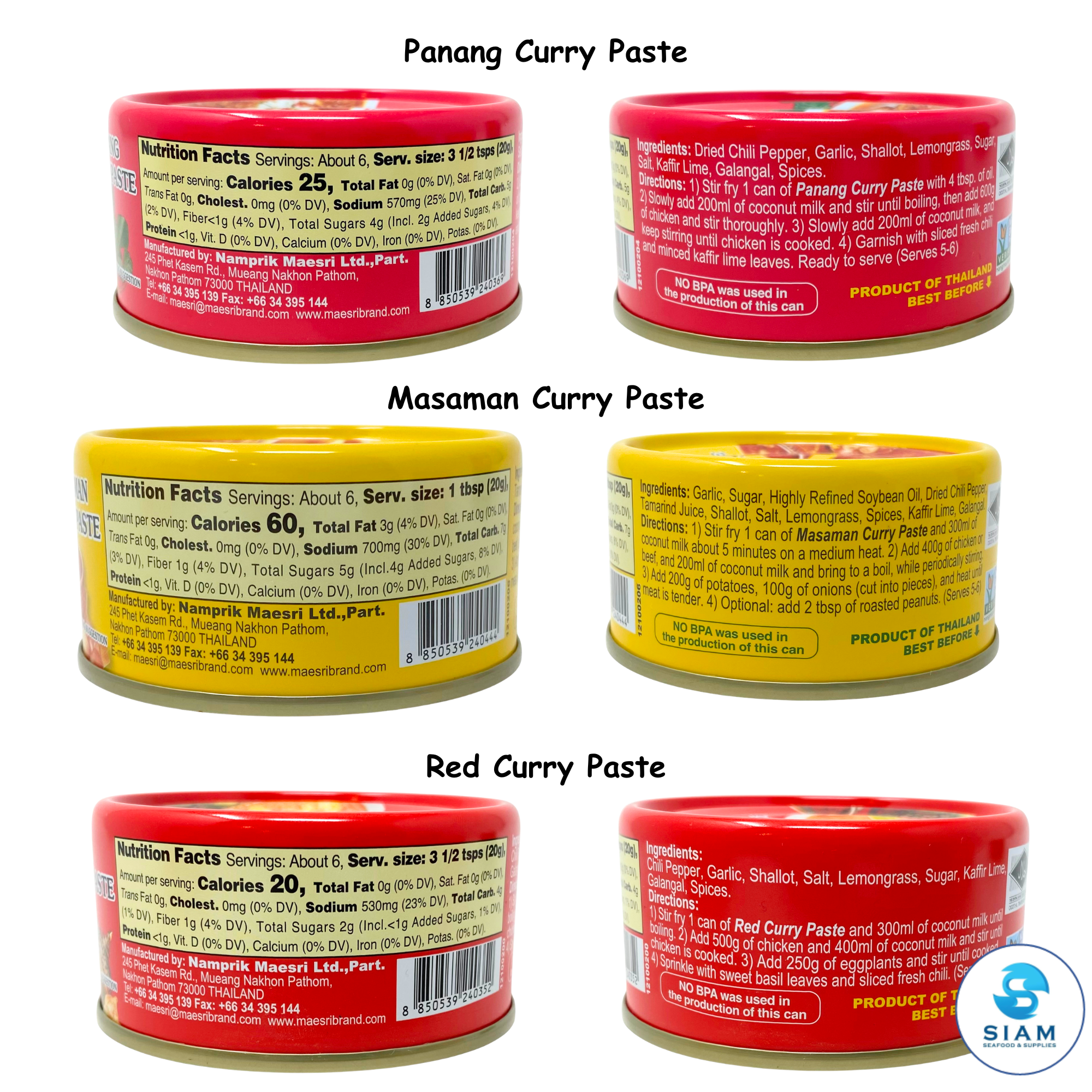 (6-Pack) MaeSri Classic Thai Restaurant Set B, 2 Red, 2 Massaman & 2 Panang Curry Pastes (4 oz) น้ำพริกแกง แม่ศรี ชุดยอดนิยม B