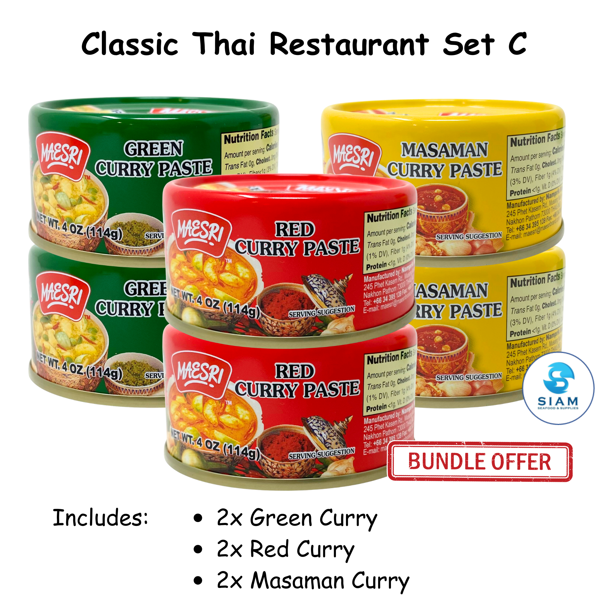 (6-Pack) MaeSri Classic Thai Restaurant Set C, 2 Green, 2 Red, 2 Massaman Curry Pastes (4 oz) น้ำพริกแกง แม่ศรี ชุดยอดนิยม C