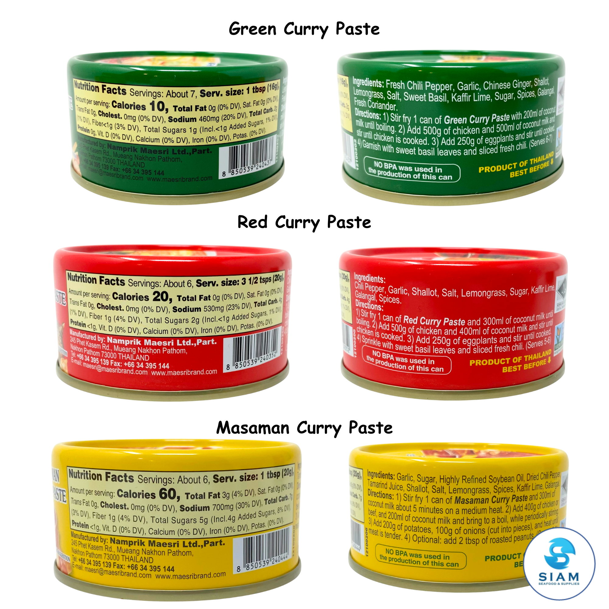 (6-Pack) MaeSri Classic Thai Restaurant Set C, 2 Green, 2 Red, 2 Massaman Curry Pastes (4 oz) น้ำพริกแกง แม่ศรี ชุดยอดนิยม C