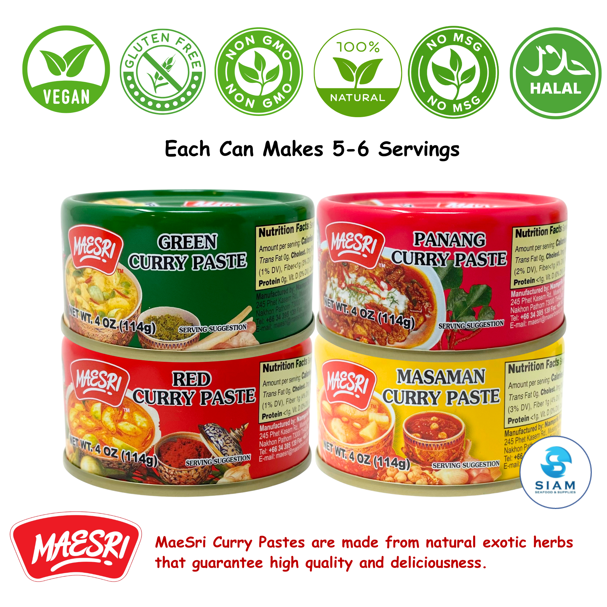 (6-Pack) MaeSri Deluxe Thai Combo Sampler Set, 100% Vegan, Green, Red, Panang, Masaman, Karee & Prik Khing Curry Pastes (4 oz) ชุดรวมน้ำพริกแกงแม่ศรีต้นตำรับ 6 รส