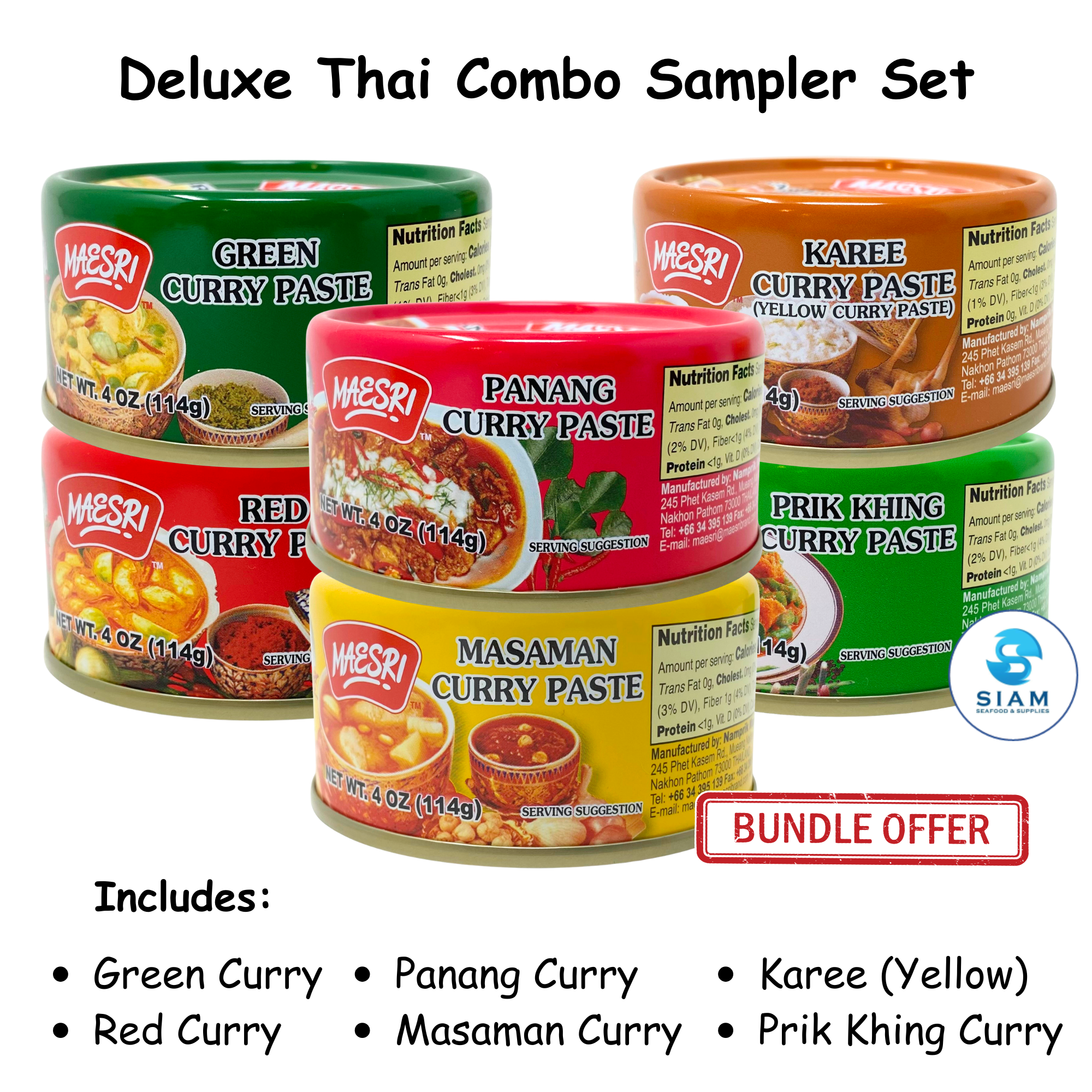 (6-Pack) MaeSri Deluxe Thai Combo Sampler Set, 100% Vegan, Green, Red, Panang, Masaman, Karee & Prik Khing Curry Pastes (4 oz) ชุดรวมน้ำพริกแกงแม่ศรีต้นตำรับ 6 รส