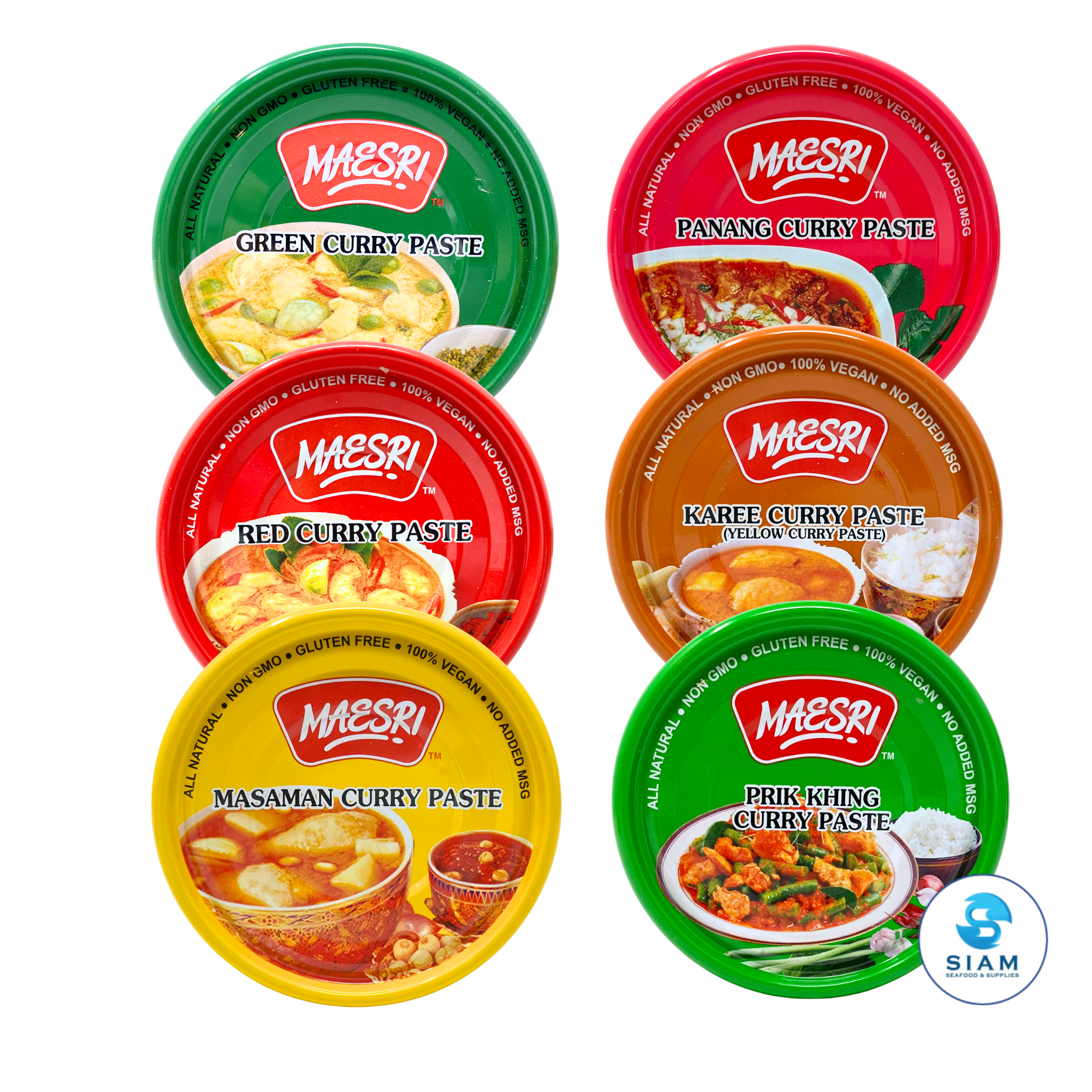 (6-Pack) MaeSri Deluxe Thai Combo Sampler Set, 100% Vegan, Green, Red, Panang, Masaman, Karee & Prik Khing Curry Pastes (4 oz) ชุดรวมน้ำพริกแกงแม่ศรีต้นตำรับ 6 รส