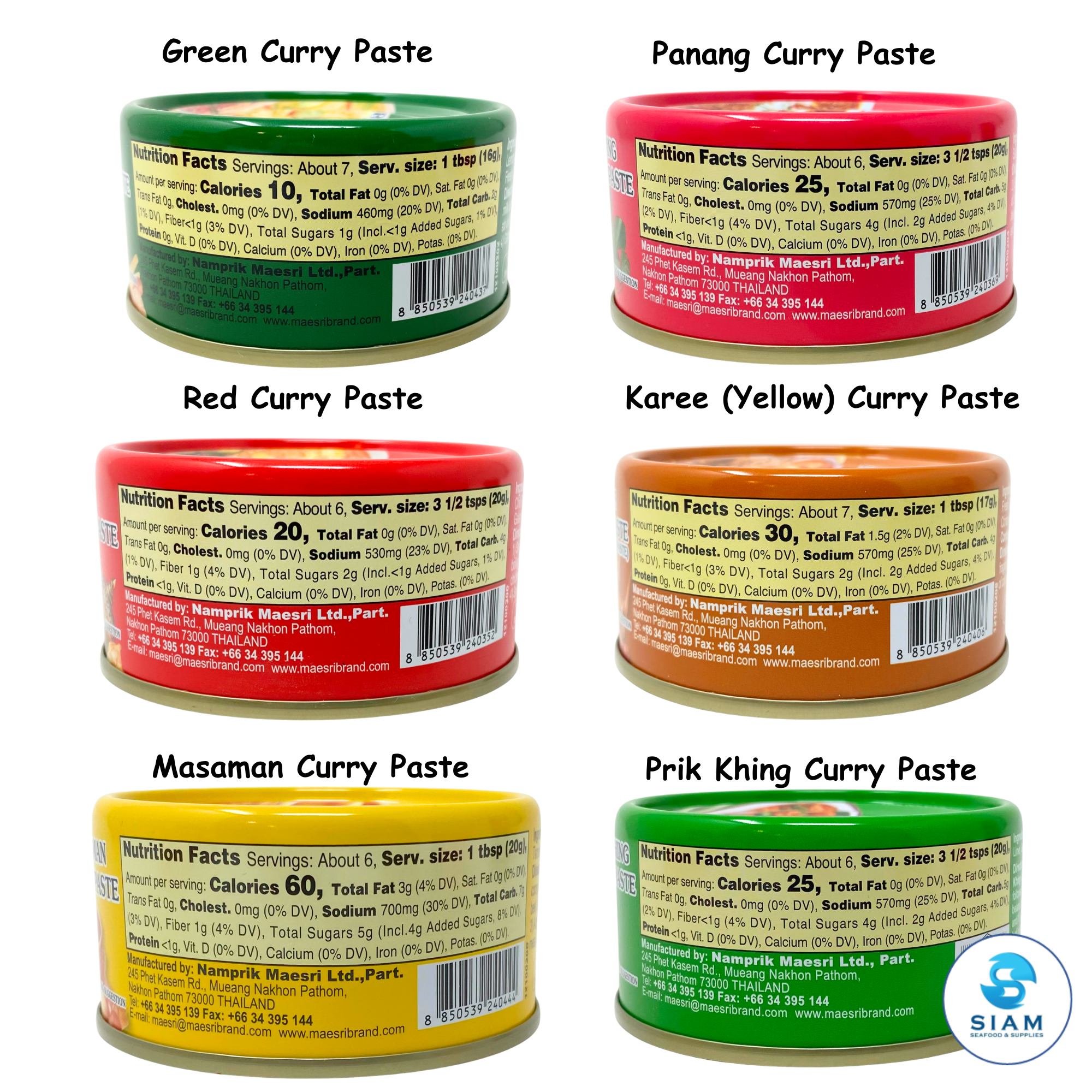 (6-Pack) MaeSri Deluxe Thai Combo Sampler Set, 100% Vegan, Green, Red, Panang, Masaman, Karee & Prik Khing Curry Pastes (4 oz) ชุดรวมน้ำพริกแกงแม่ศรีต้นตำรับ 6 รส