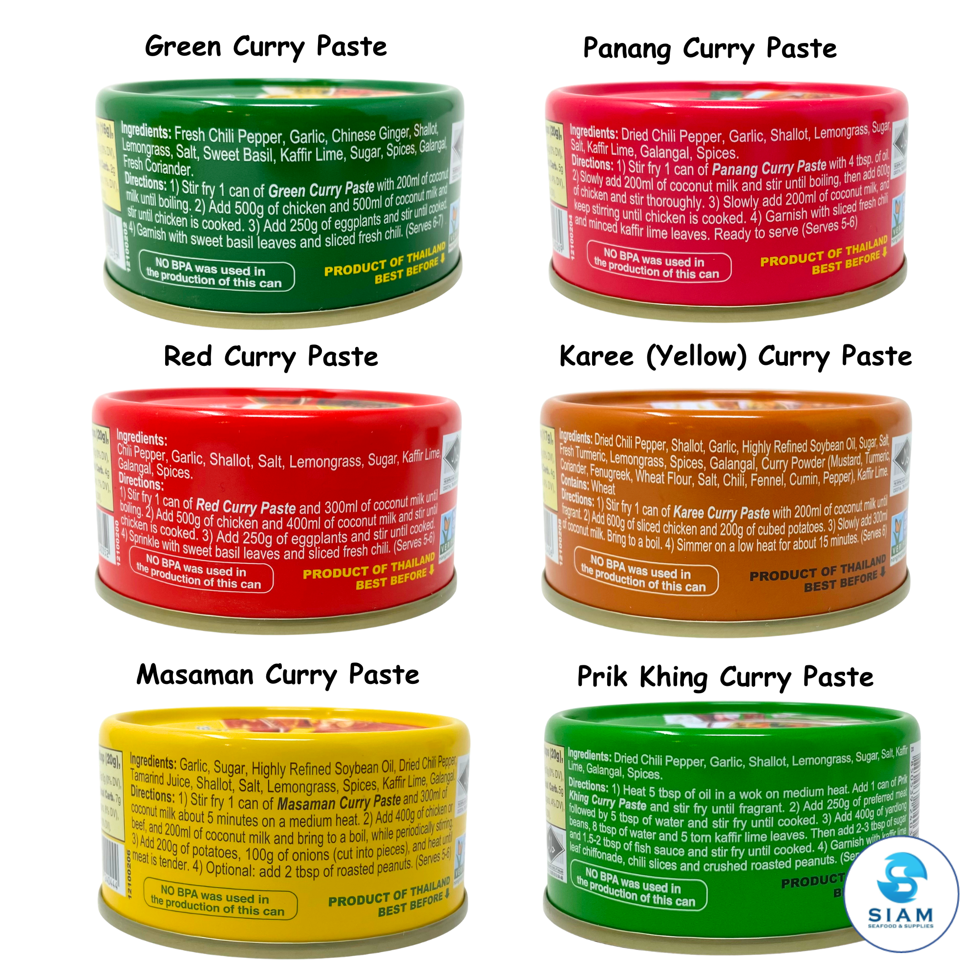 (6-Pack) MaeSri Deluxe Thai Combo Sampler Set, 100% Vegan, Green, Red, Panang, Masaman, Karee & Prik Khing Curry Pastes (4 oz) ชุดรวมน้ำพริกแกงแม่ศรีต้นตำรับ 6 รส