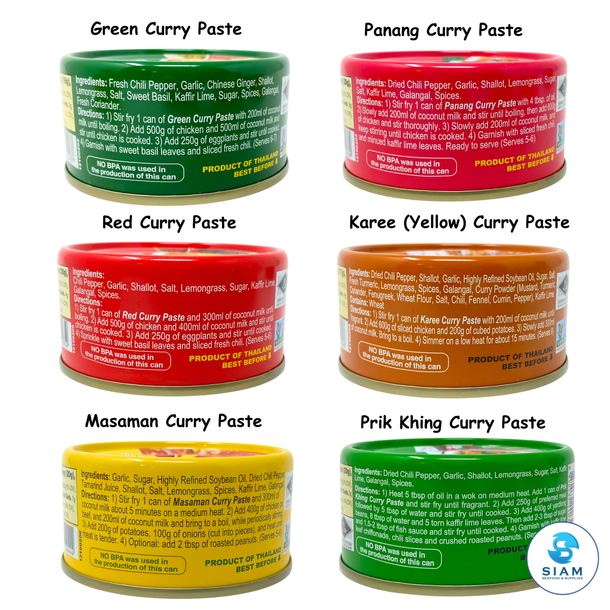 (6-Pack) MaeSri Deluxe Thai Combo Sampler Set, 100% Vegan, Green, Red, Panang, Masaman, Karee & Prik Khing Curry Pastes (4 oz) ชุดรวมน้ำพริกแกงแม่ศรีต้นตำรับ 6 รส