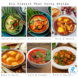 (6-Pack) MaeSri Deluxe Thai Combo Sampler Set, 100% Vegan, Green, Red, Panang, Masaman, Karee & Prik Khing Curry Pastes (4 oz) ชุดรวมน้ำพริกแกงแม่ศรีต้นตำรับ 6 รส