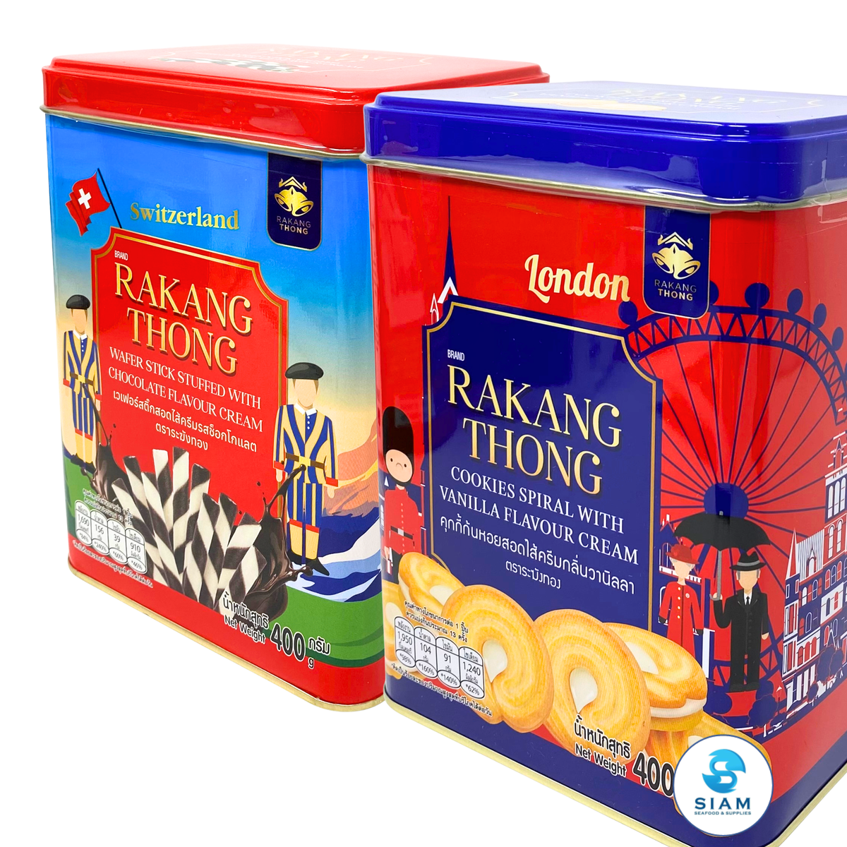 (2-Pack) Rakang Thong Brand Bundle Chocolate Wafer Sticks & Vanilla Spiral Cookies (14.1 oz Each) เวเฟอร์สติ๊กสอดไส้ครีมรสช็อกโกแลต และคุ้กกี้ก้นหอยสอดไส้ครีมกลิ่นวานิลลา ตราระฆังทอง