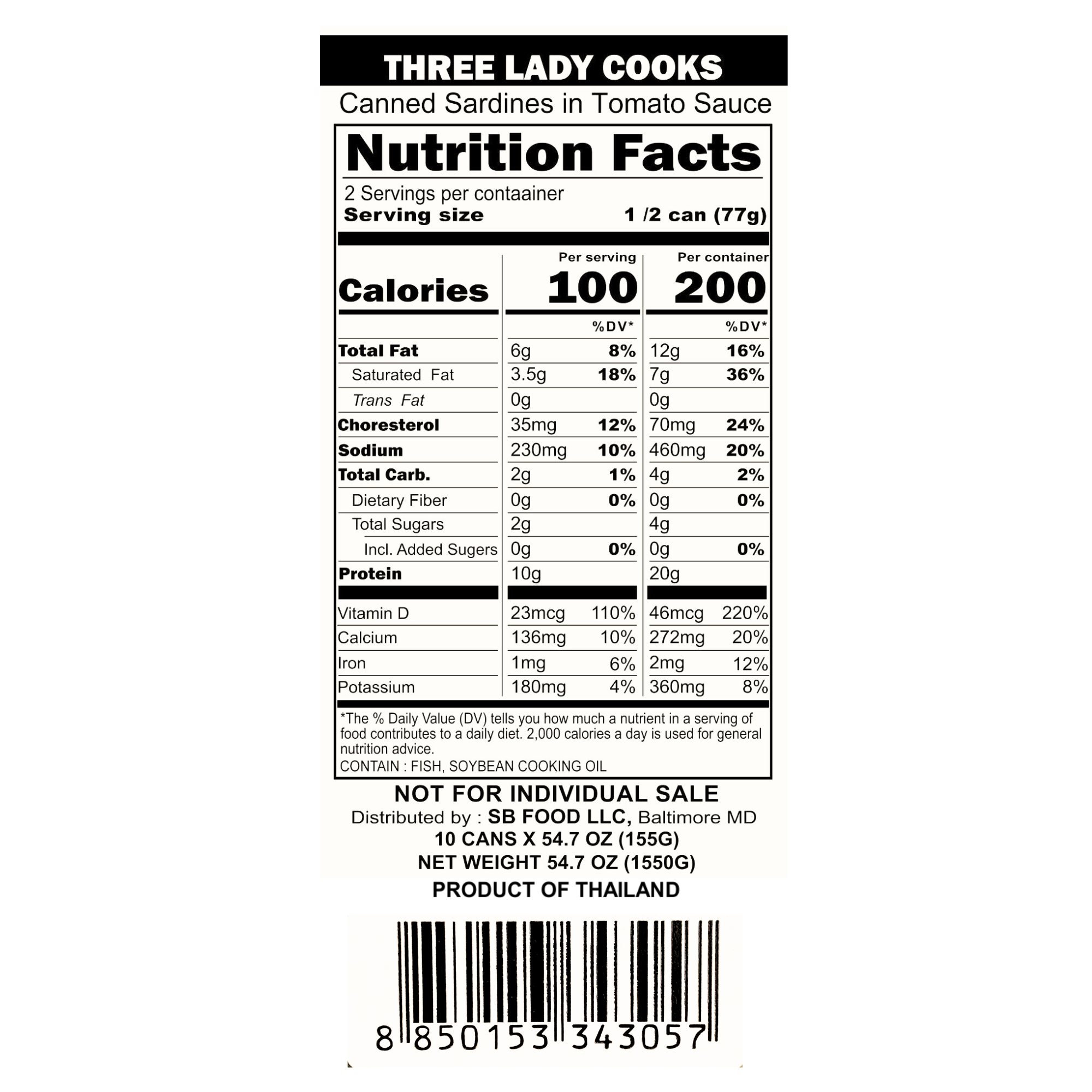 (10-Pack) Three Lady Cooks Sardines in Tomato Sauce (5.46 oz) ปลาซาร์ดีนในซอสมะเขือเทศ ตราสามแม่ครัว
