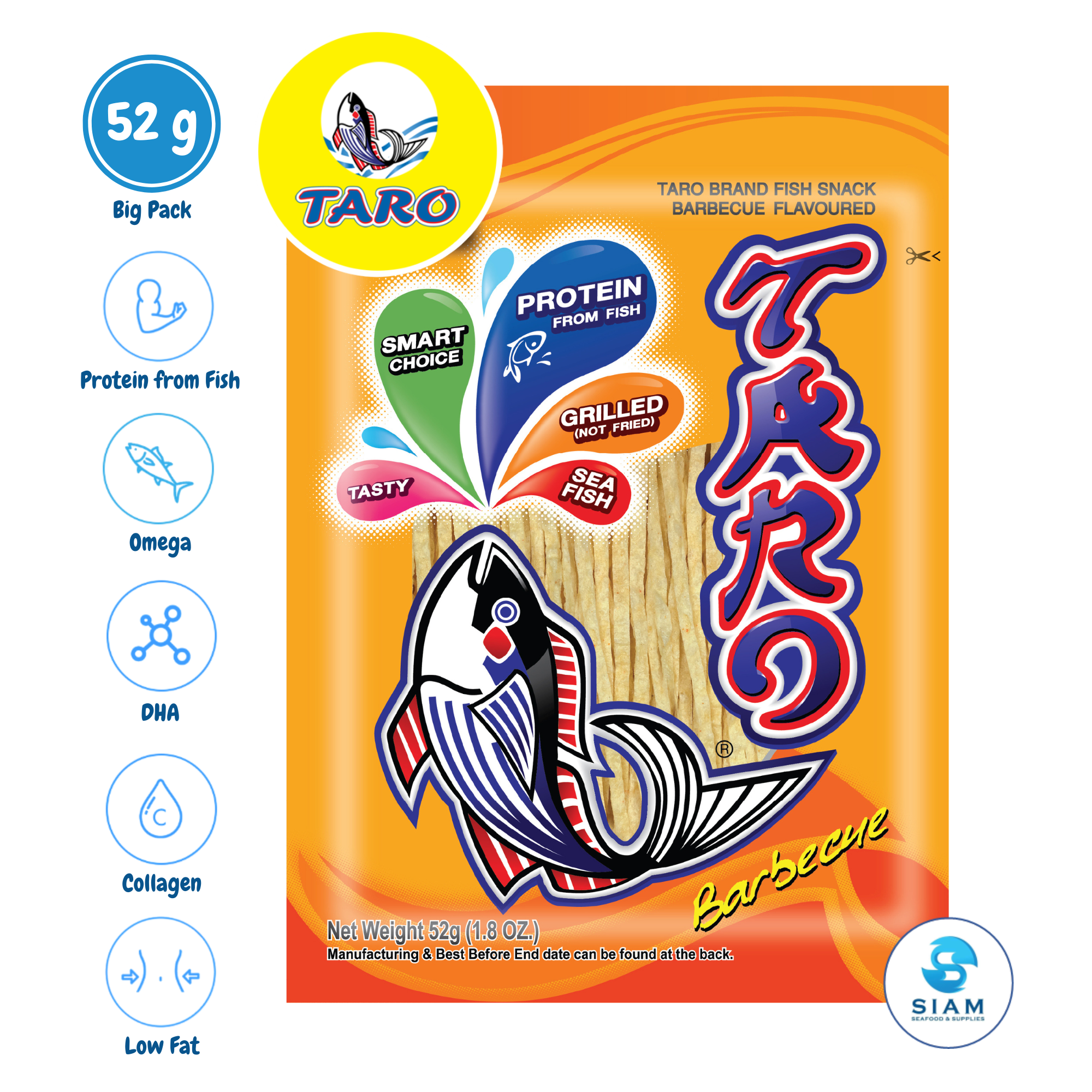 TARO BRAND Thai Fish Snack 52g, Barbecue Flavor (1.8 oz) ปลาสวรรค์ ตราทาโร รสบาร์บีคิว (52g)