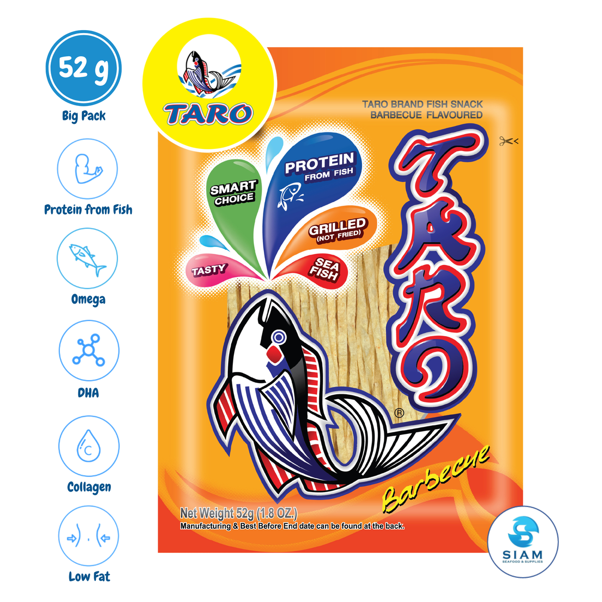 TARO BRAND Thai Fish Snack 52g, Barbecue Flavor (1.8 oz) ปลาสวรรค์ ตราทาโร รสบาร์บีคิว (52g)