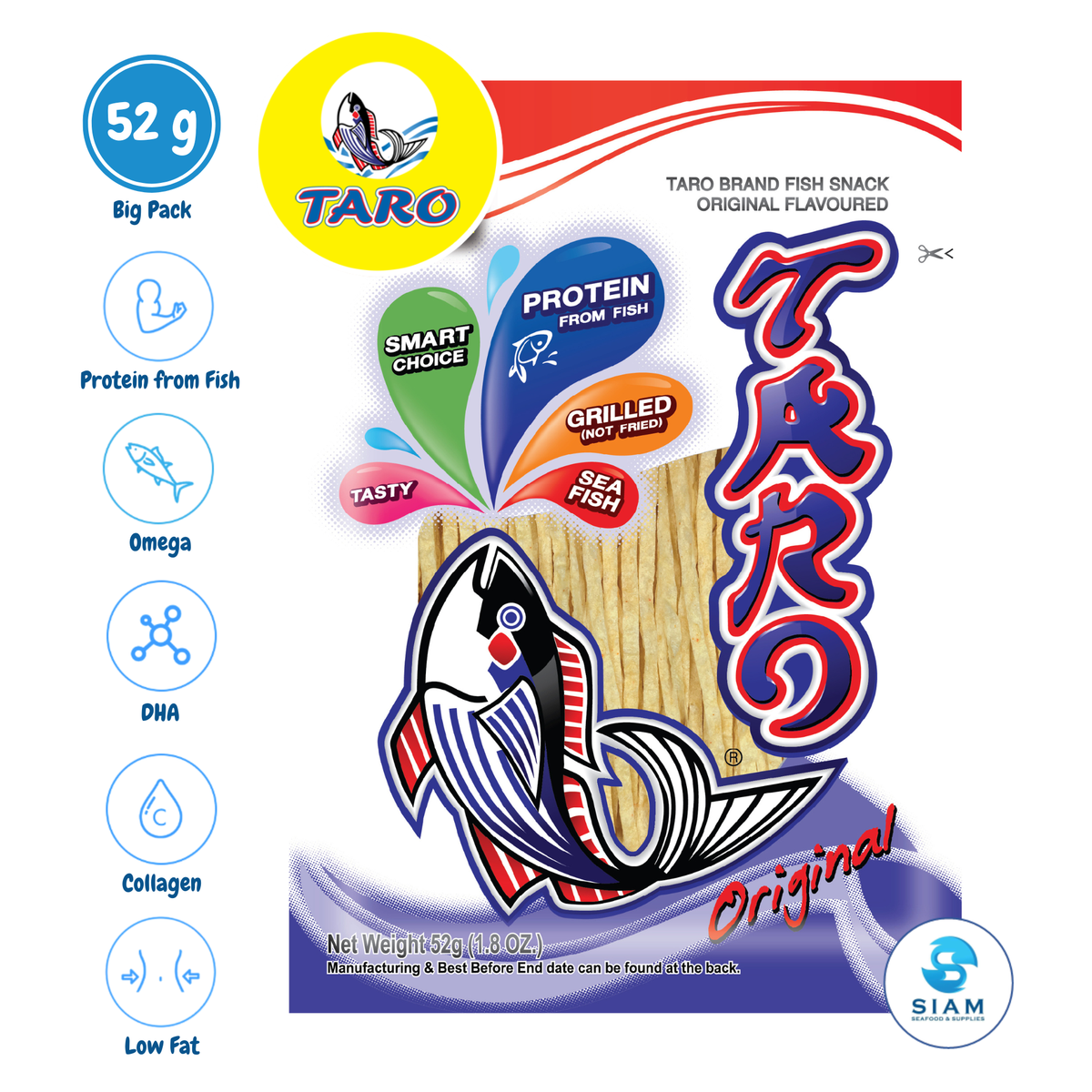 TARO BRAND Thai Fish Snack 52g, Original Flavor (1.8 oz) ปลาสวรรค์ ตราทาโร รสดั้งเดิม (52g)