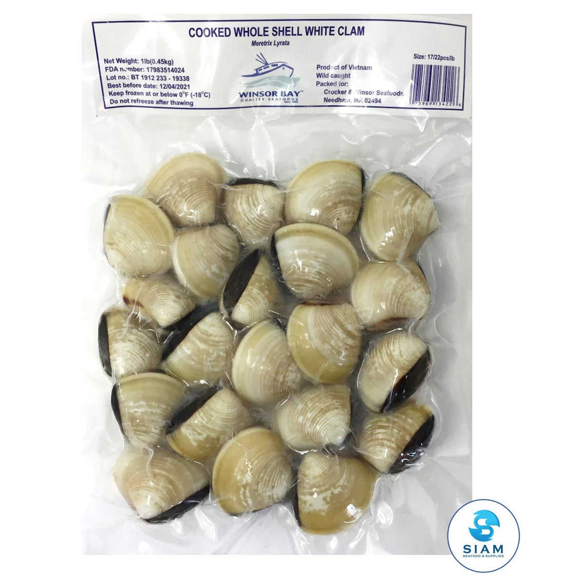 Cooked Whole Shell White Clam, Wild Caught, Frozen (1 lb bag-$2.50/lb) Windsor Bay