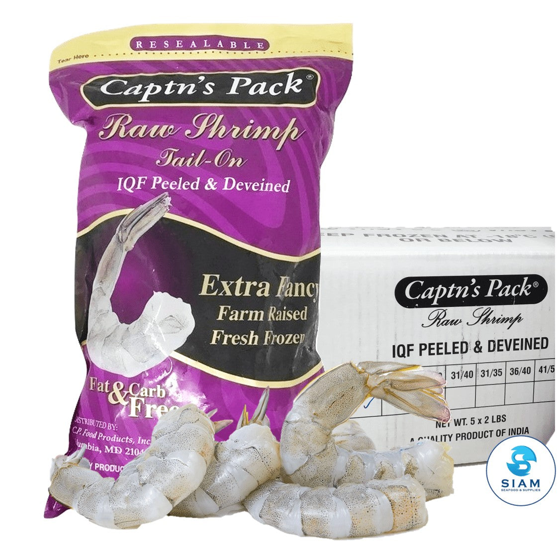 Peeled & Deveined Tail-on, Raw Shrimp, Frozen (10 lbs case) กุ้งปอกเปลือกผ่าหลัง แบบยกลัง Captn's Pack