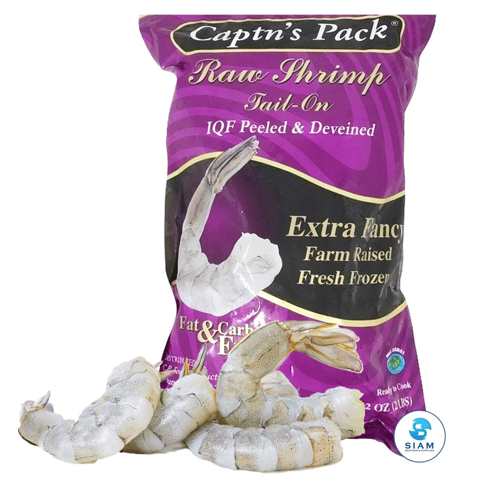 Peeled & Deveined, Tail-on, Raw Shrimp,  Frozen (2 lbs bag) Captn's Pack